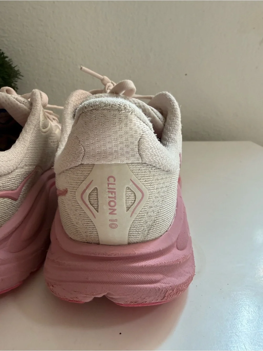 Hoka clifton 10 Women size 5 or big girl 4 Pink and Cream Athletic Sneakers